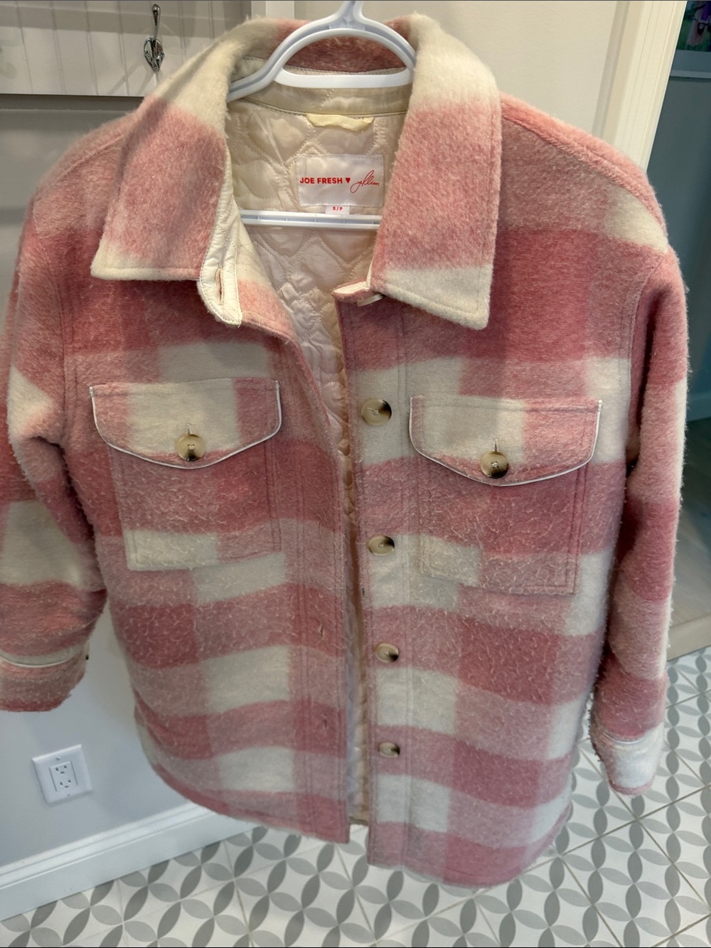 Joe Fresh Jillian Harris Pink and Cream Plaid Teddy Shacket